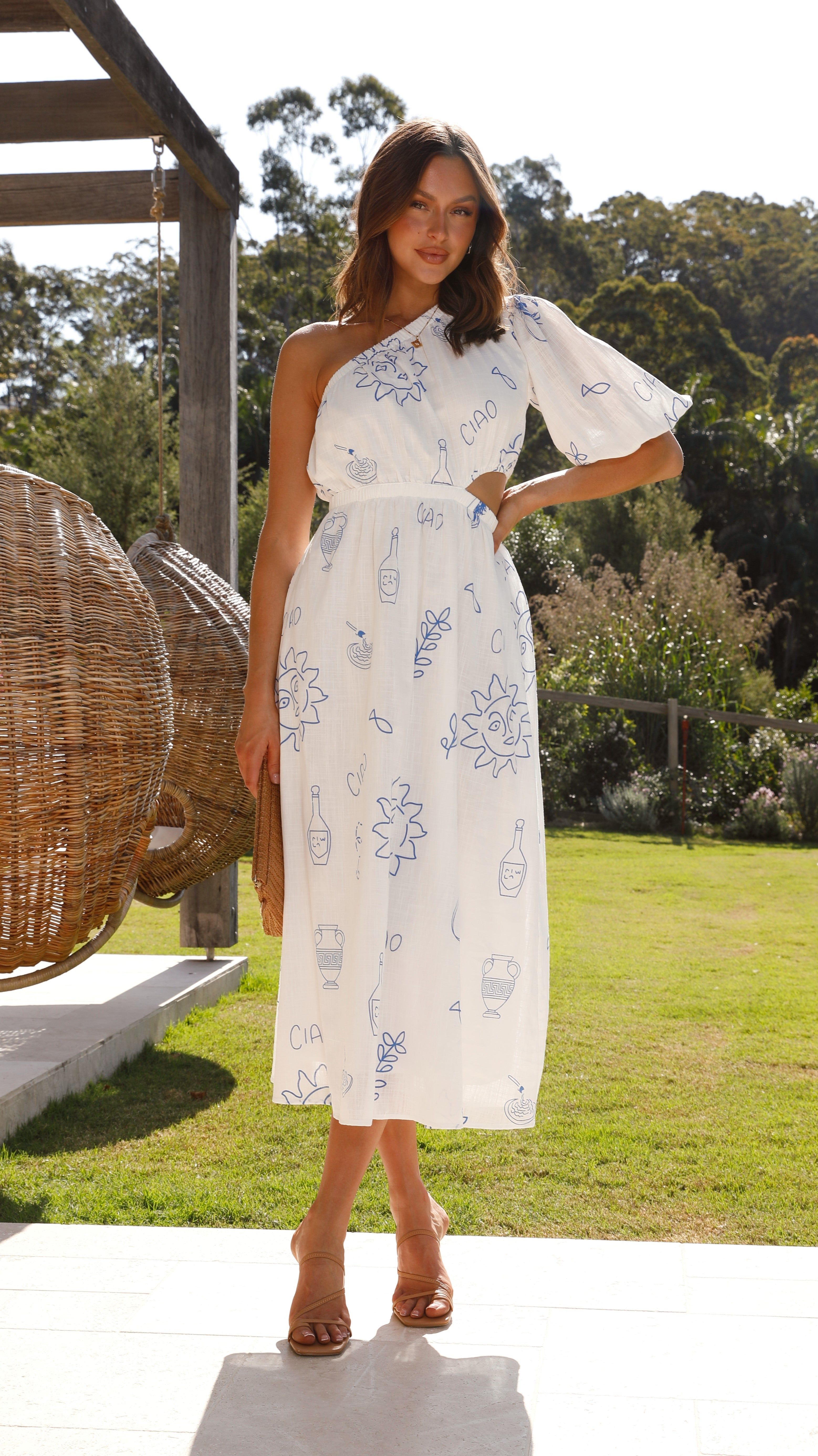 Cassidy Midi Dress - White/Blue sold by Billy J
