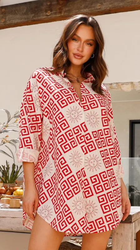 Piper Shirt Dress - Beige / Red Greek Sun sold by Billy J