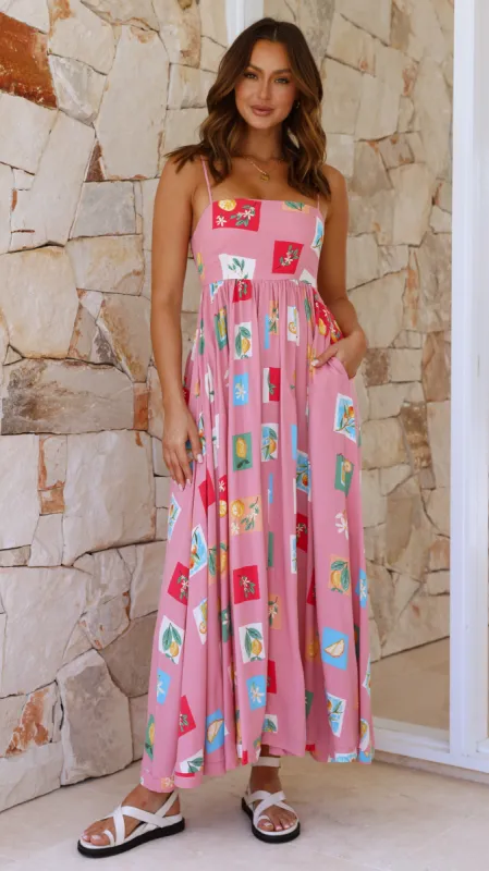 Idoya Maxi Dress - Pink / Lemon Print sold by Billy J