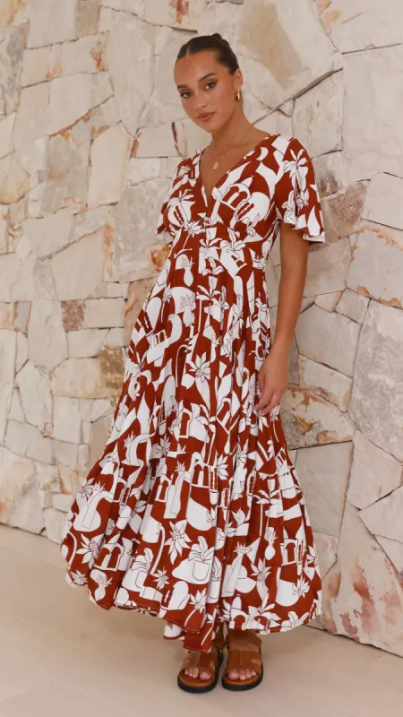 Ava Maxi Dress - Brown/White Print sold by Billy J