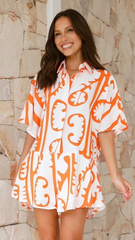 Aralyn Playsuit - White / Orange Tribal sold by Billy J
