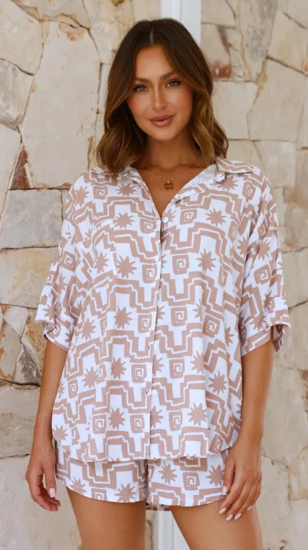 Ibiza Button Up Shirt and Shorts Set - Beige Print sold by Billy J