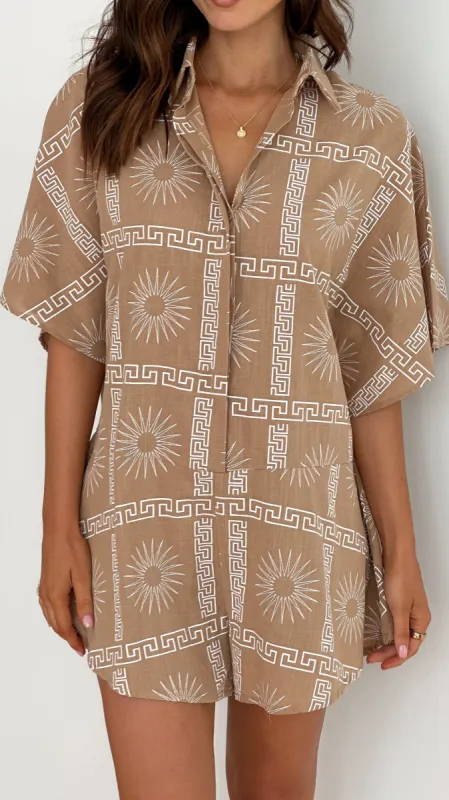 Aralyn Playsuit - Brown/White Print sold by Billy J