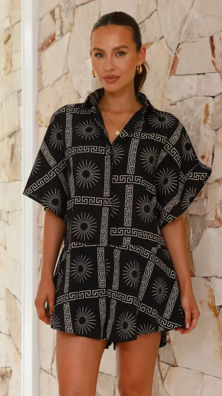 Aralyn Playsuit - Black/Gold Print sold by Billy J