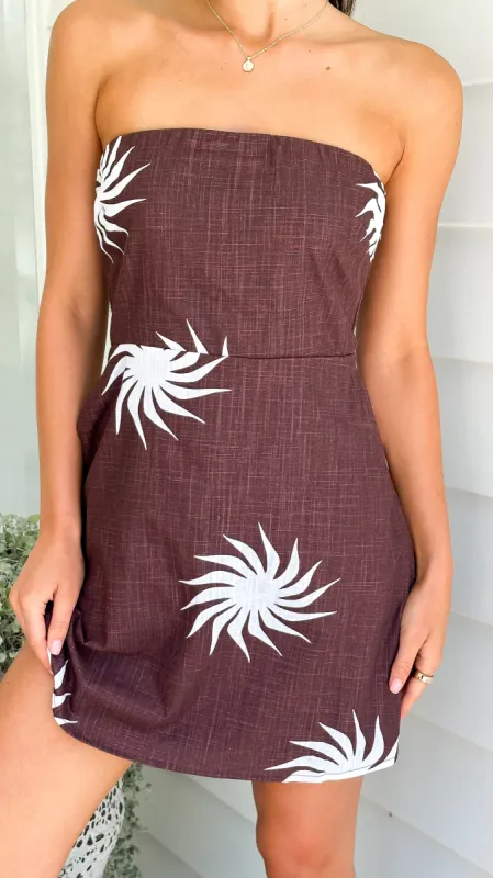 Lulu Mini Dress - Choc/Creme Sun Print sold by Billy J