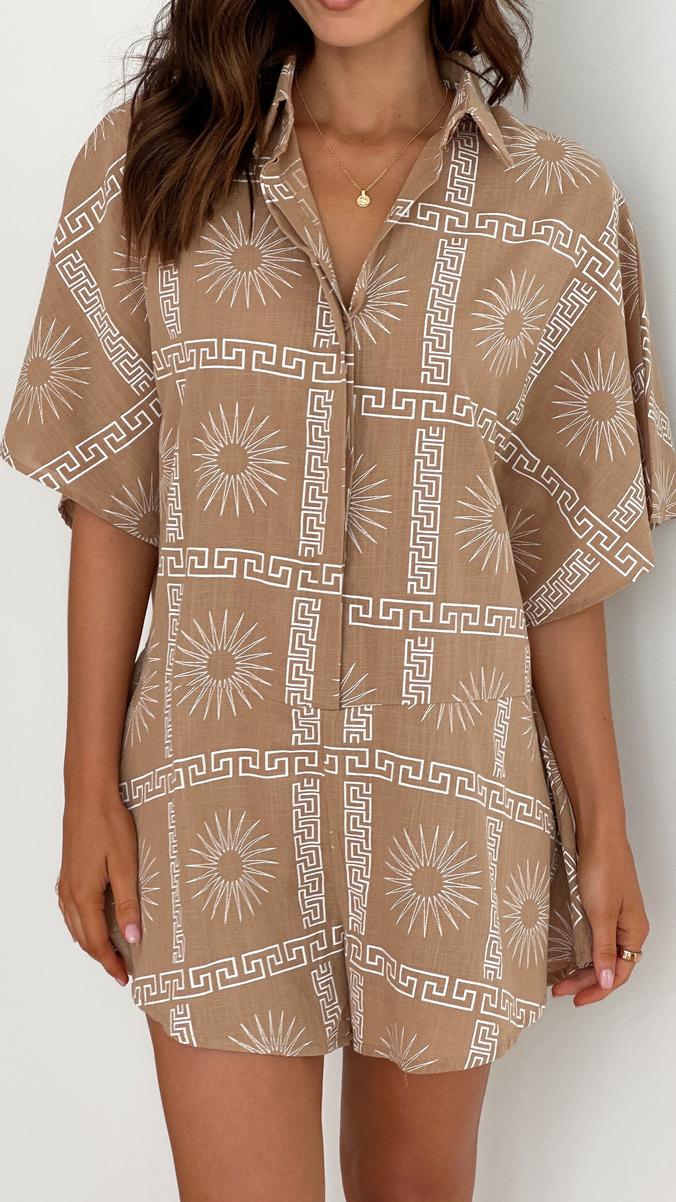 Aralyn Playsuit - Brown/White Print sold by Billy J