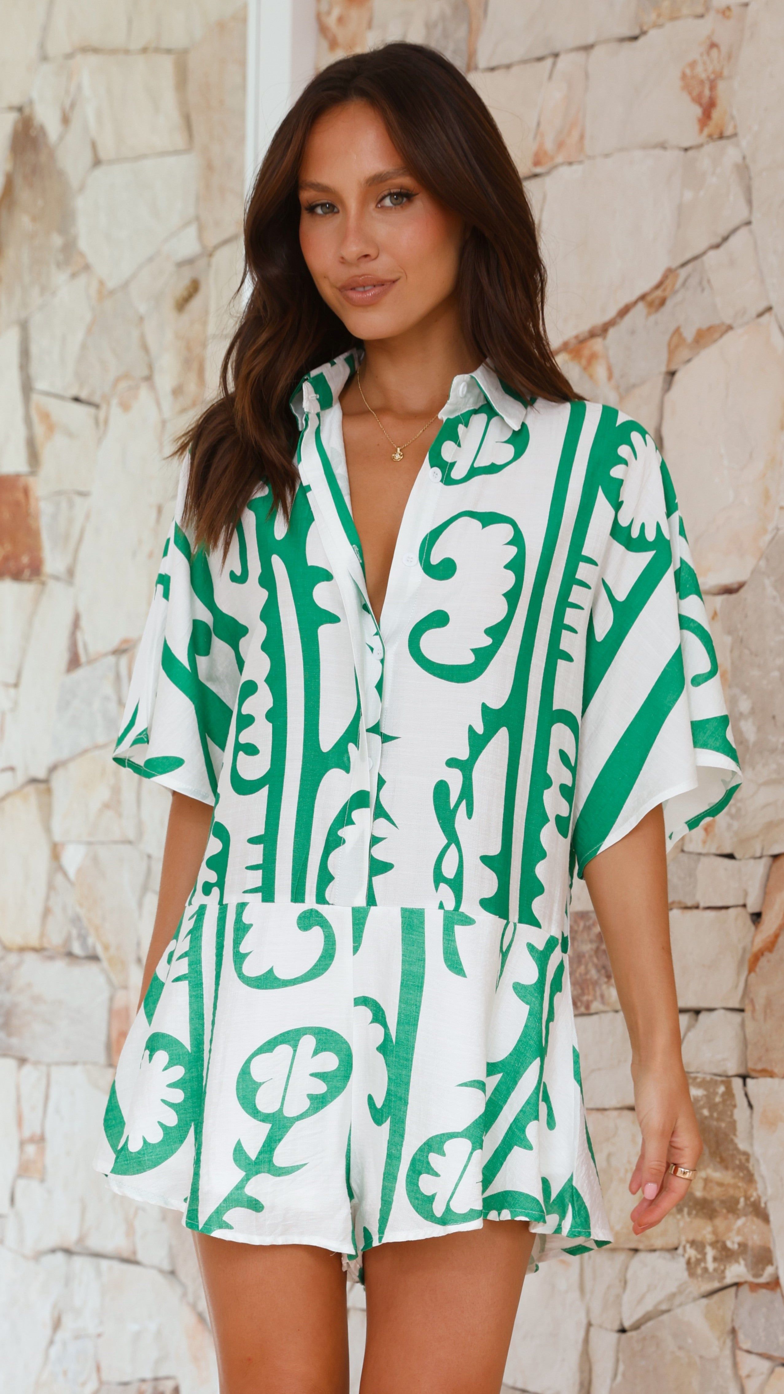 Aralyn Playsuit - White / Green Tribal sold by Billy J product image thumbnail 4
