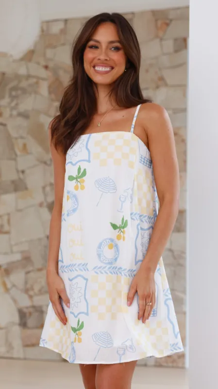Bethani Mini Dress - Blue / Yellow Holiday Print sold by Billy J