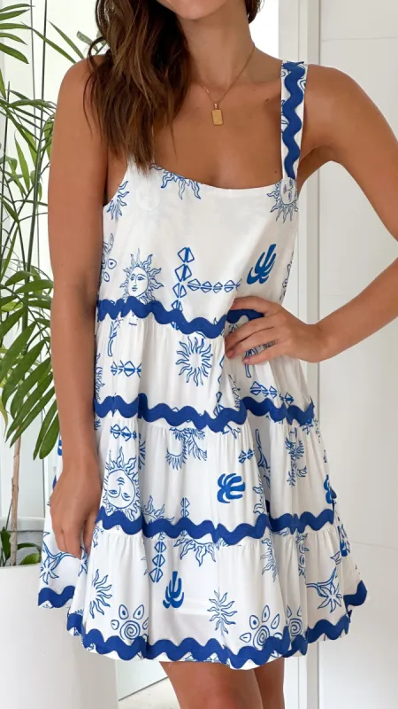 Dallyce Mini Dress - White / Blue Print sold by Billy J