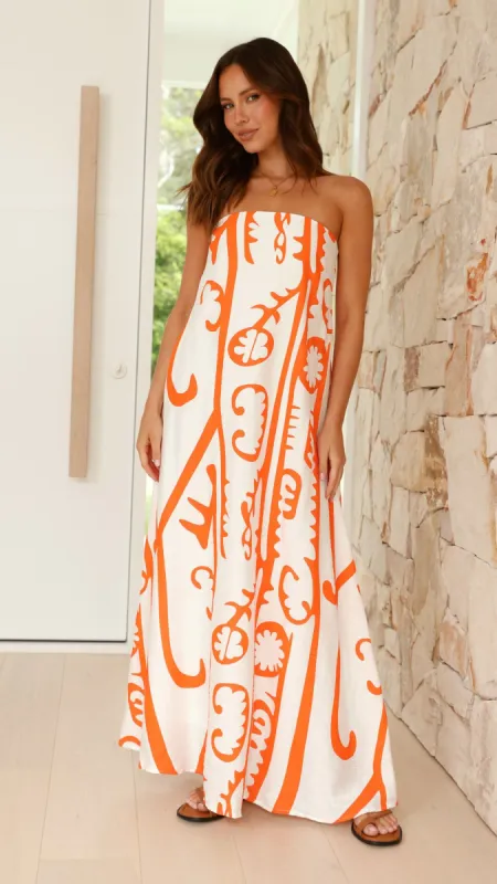 Connie Maxi Dress - White / Orange Tribal sold by Billy J