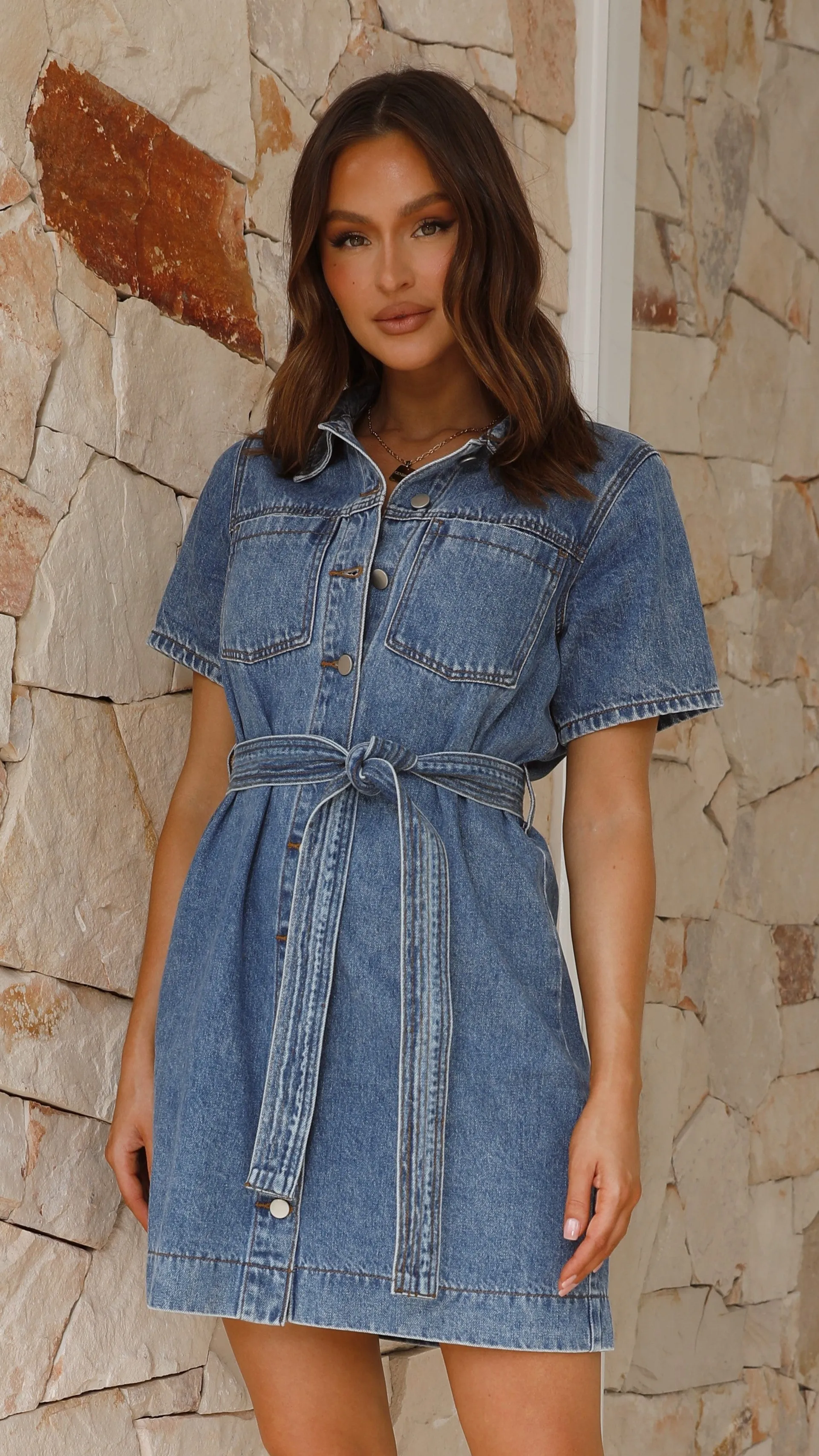 Achaia Denim Button Up Mini Dress - Dark Blue sold by Billy J