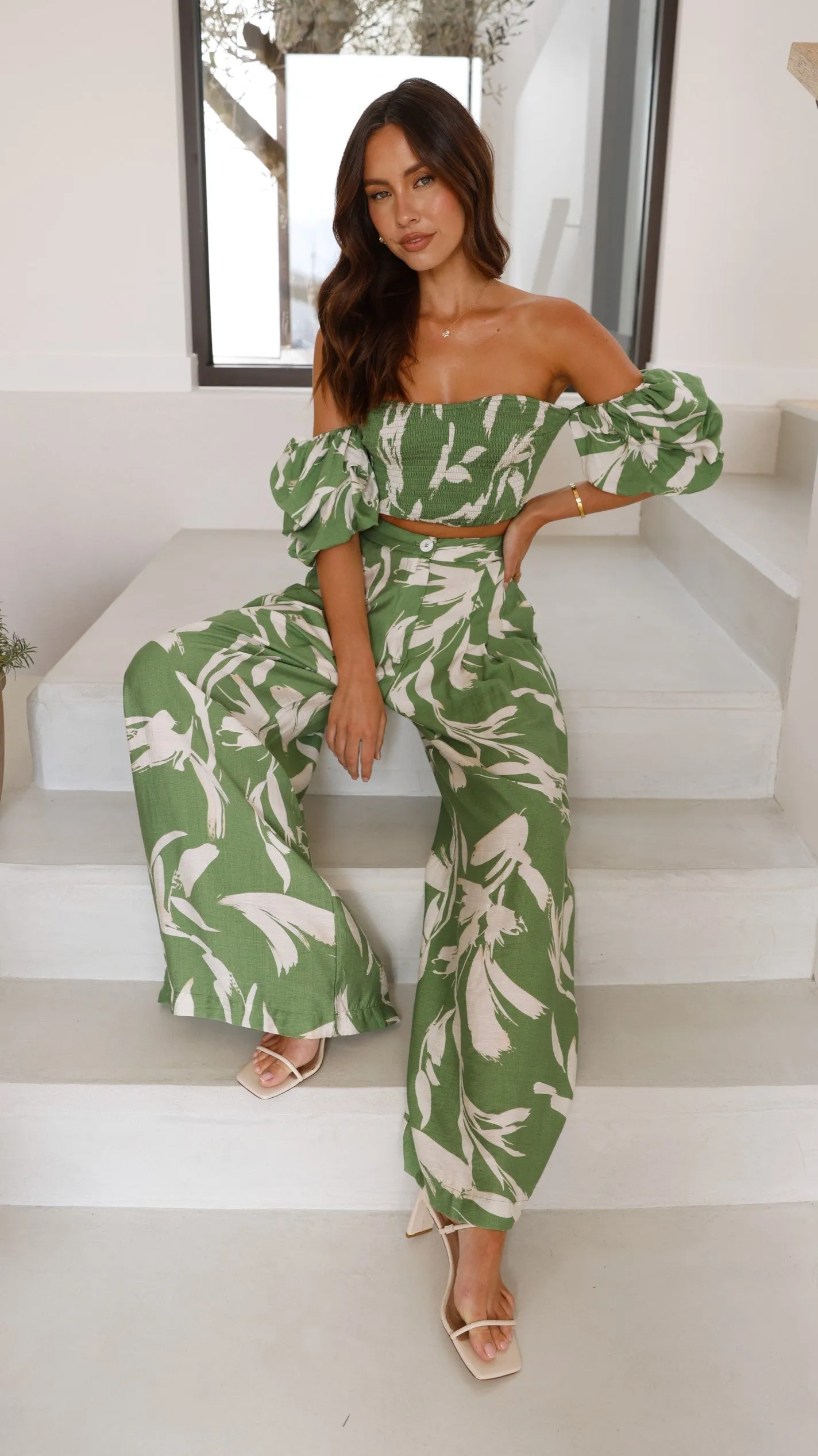 Callison Crop Top and Pants Set - Green Print sold by Billy J