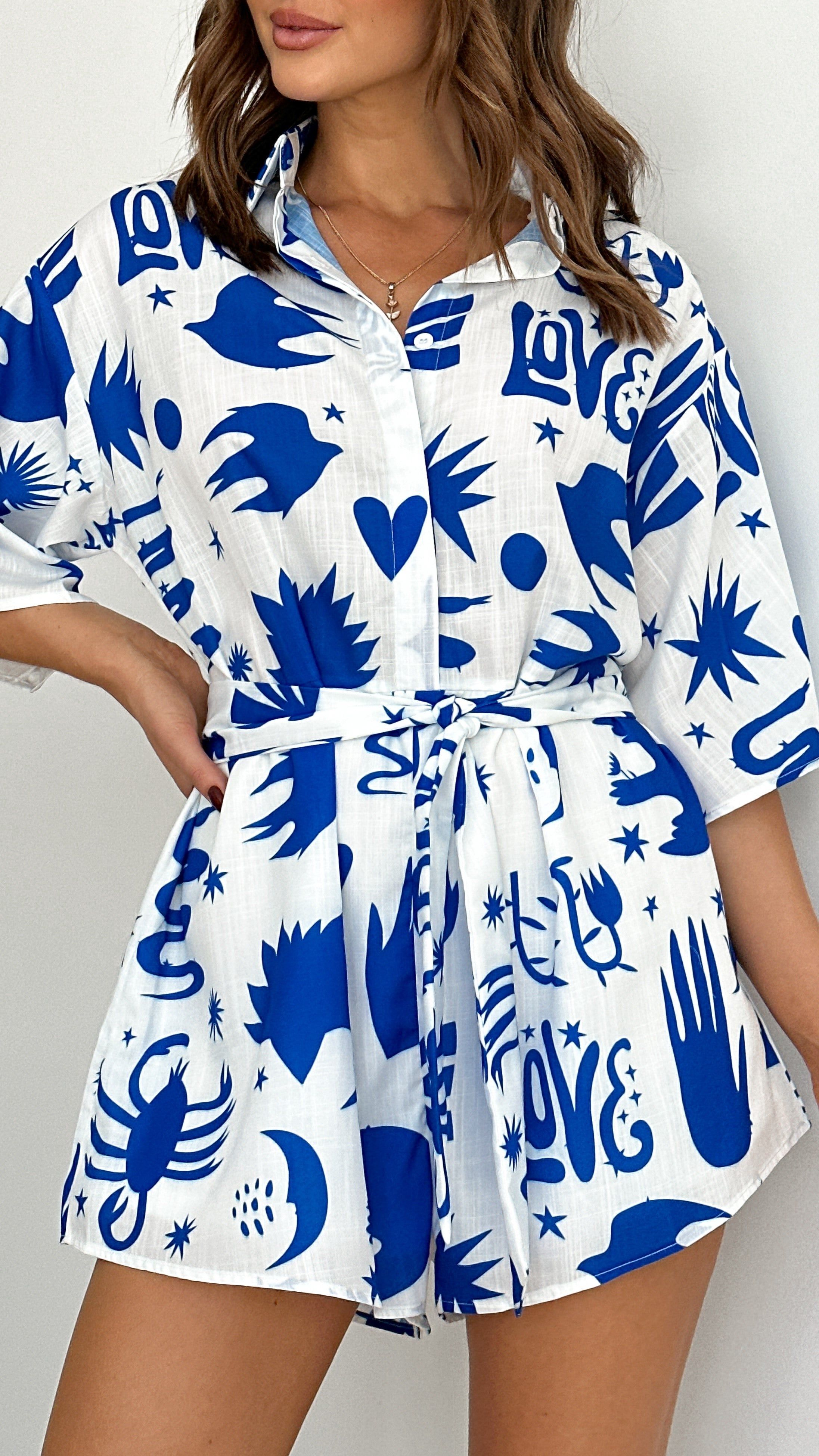 Aralyn Playsuit - White / Blue Love Print sold by Billy J