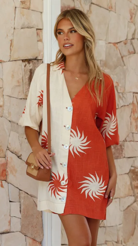 Kyra Mini Dress - Rust/Cream Sun Print sold by Billy J