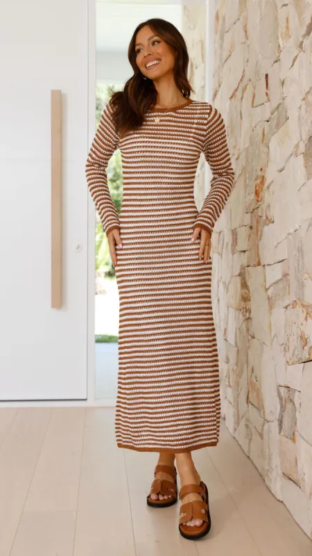 Lale Long Sleeve Maxi Dress - Brown Stripe sold by Billy J