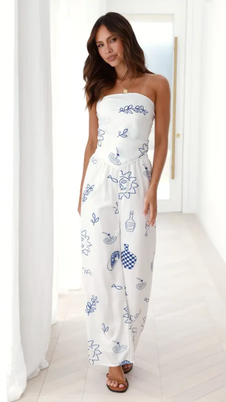 Harriette Scarf Top and Pants Set - White / Blue Ciao sold by Billy J