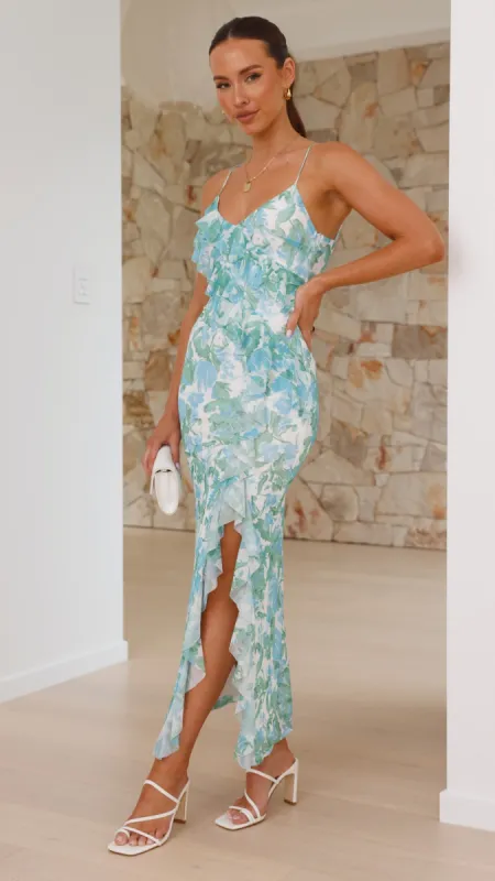 Debbie Midi Dress - Green/Blue Floral sold by Billy J