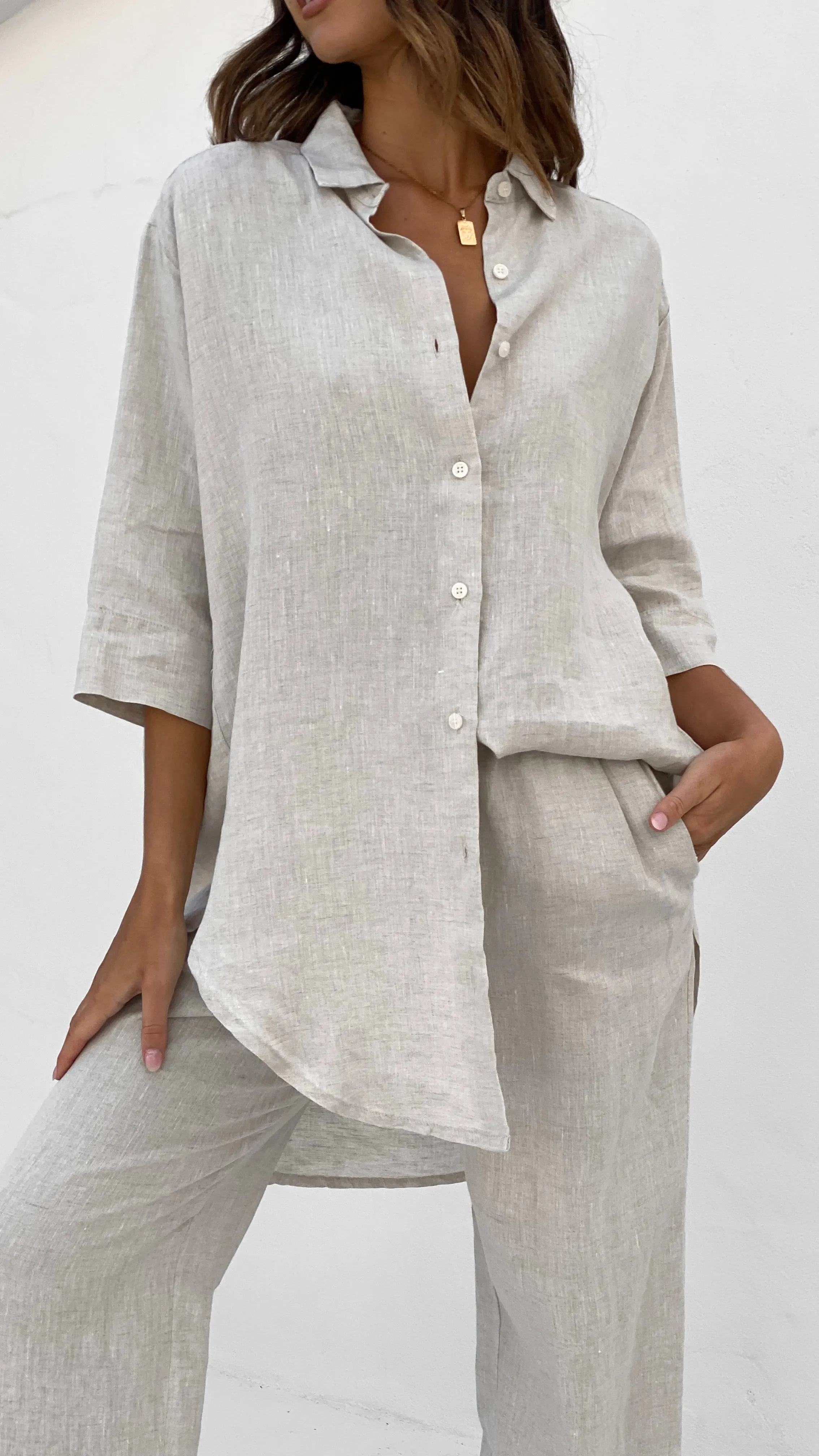 Lounge Linen Longline Shirt - Natural sold by Billy J