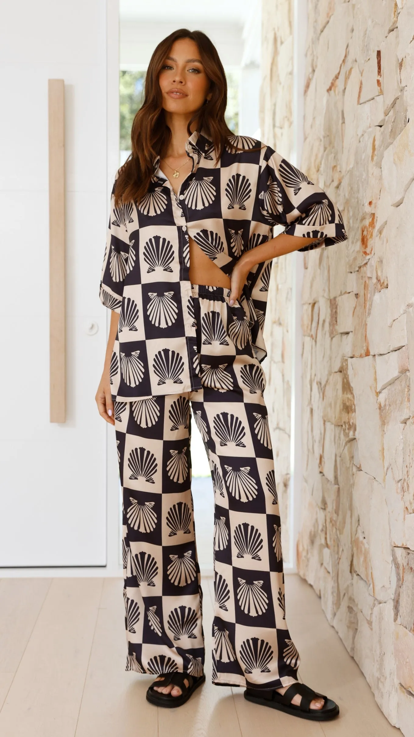 Macario Button Up Shirt and Pants Set - Black / Beige Shell sold by Billy J