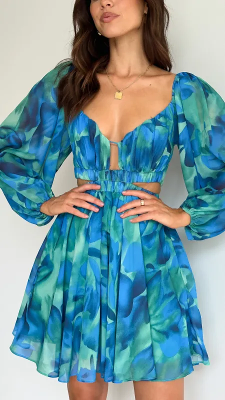 Xarissa Mini Dress - Blue / Green Print sold by Billy J