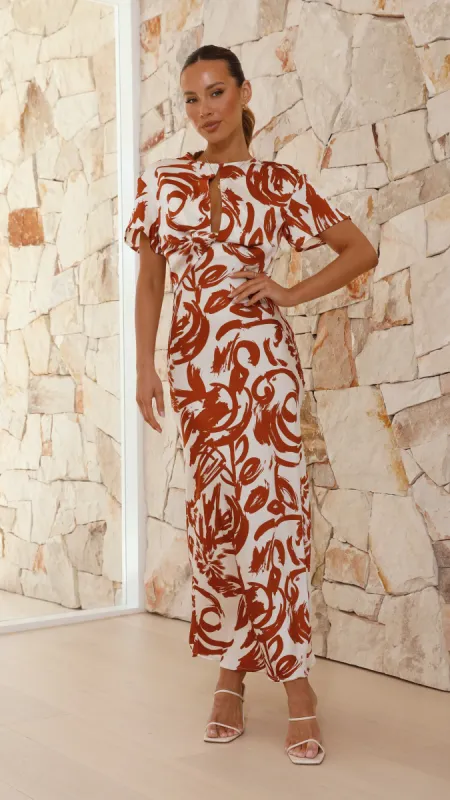 Sadie Midi Dress - Tan/White Print sold by Billy J