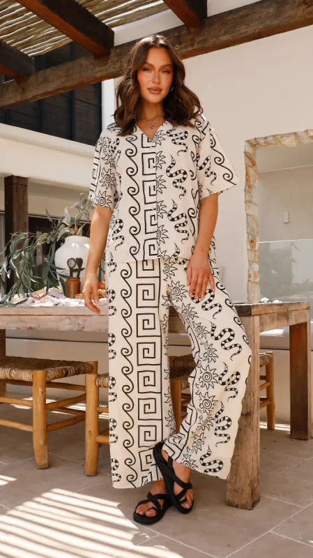 Cleo Button Up Shirt and Pants Set - Beige/Black sold by Billy J