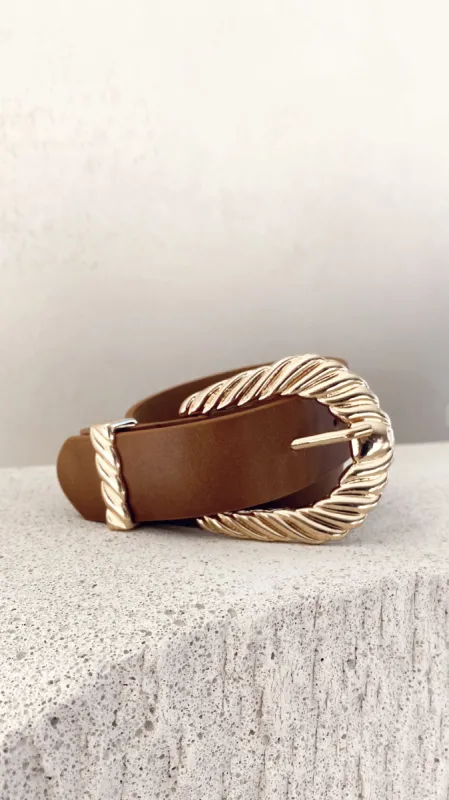 Amelie Twist Buckle Belt - Brown/Gold sold by Billy J