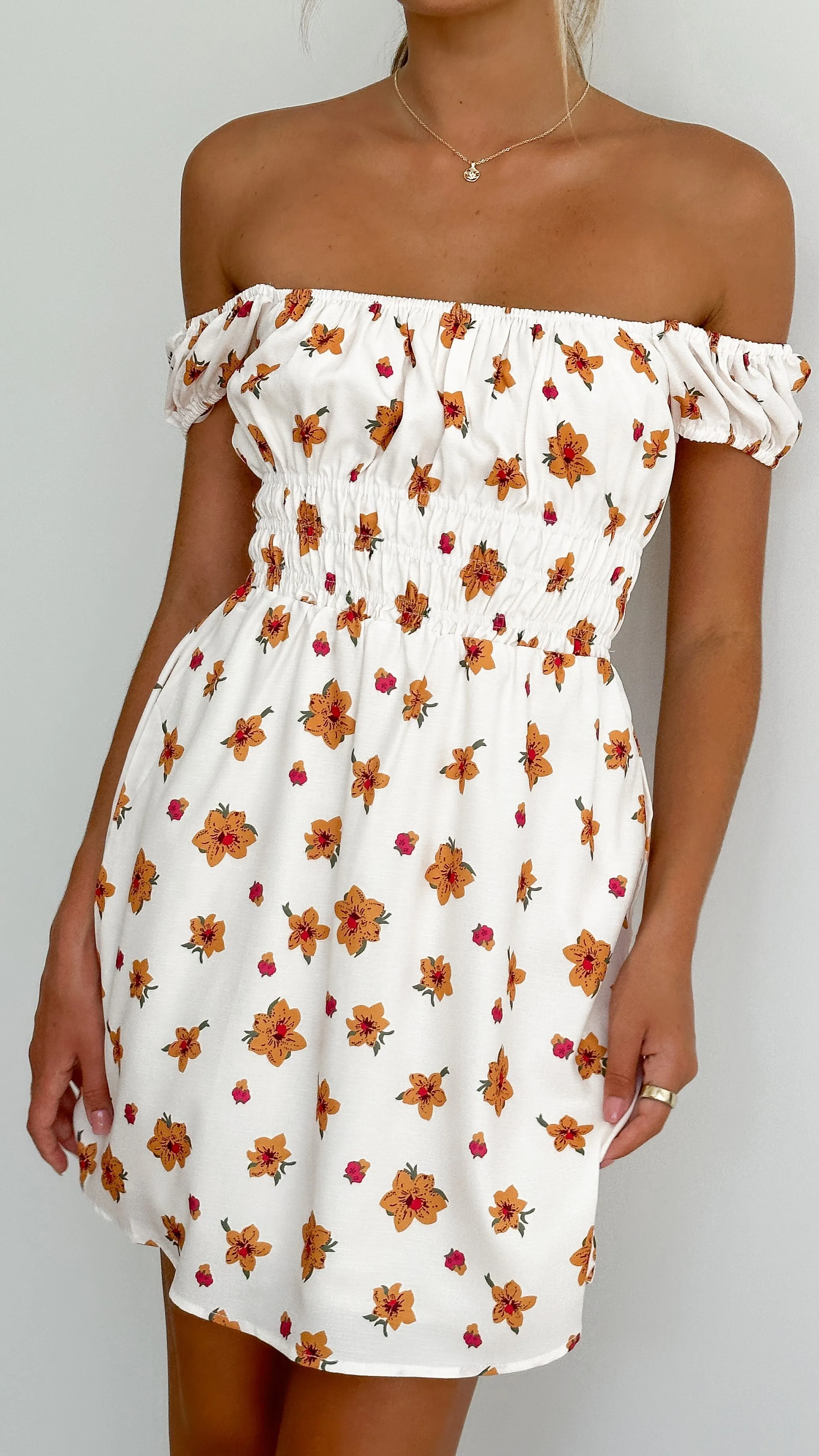 Mirabella Mini Dress - Orange Floral sold by Billy J