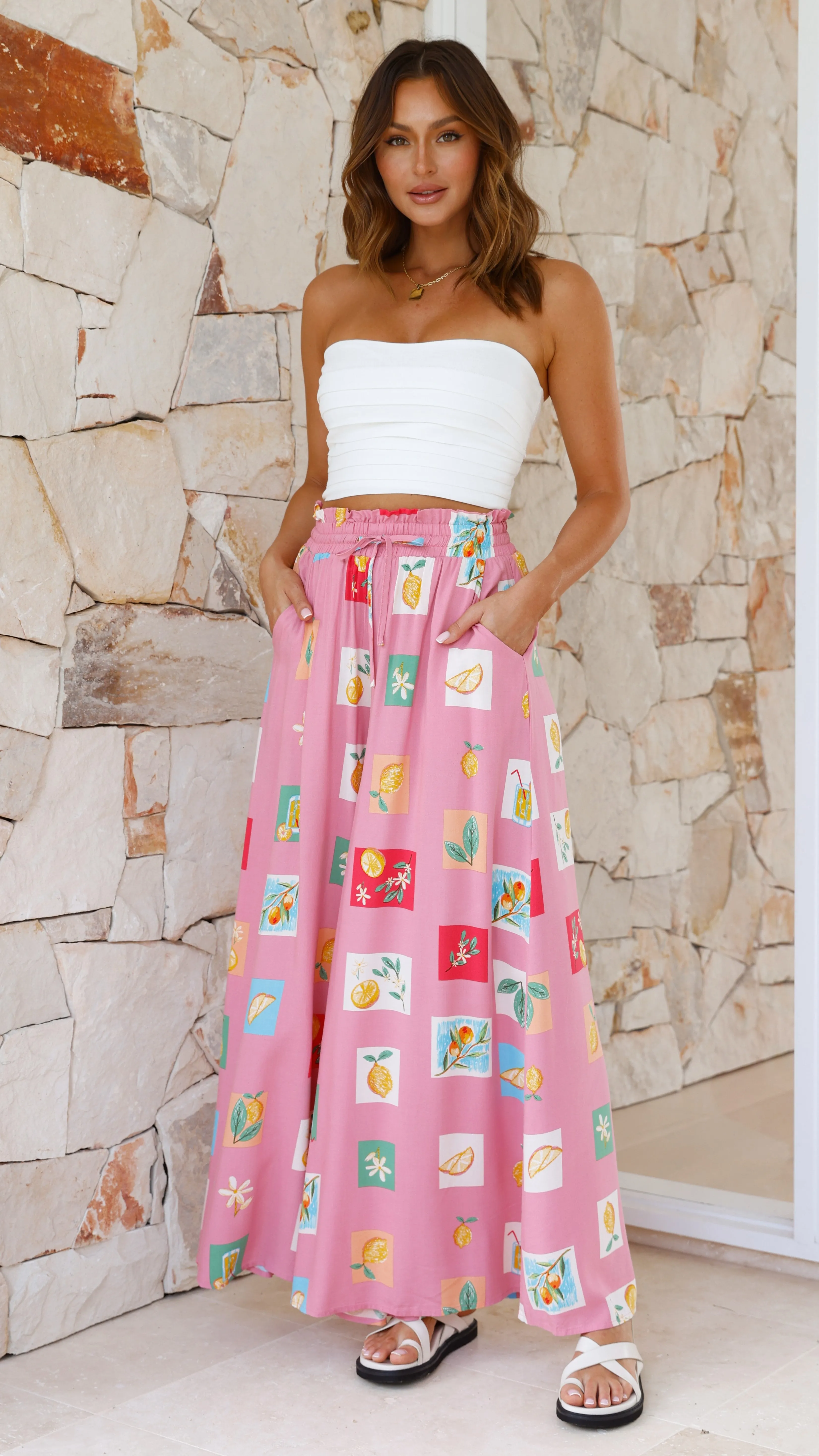 Avery Wide Leg Pant - Pink / Lemon Print sold by Billy J