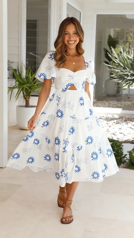 Imogen Midi Dress - White/Blue Sun sold by Billy J