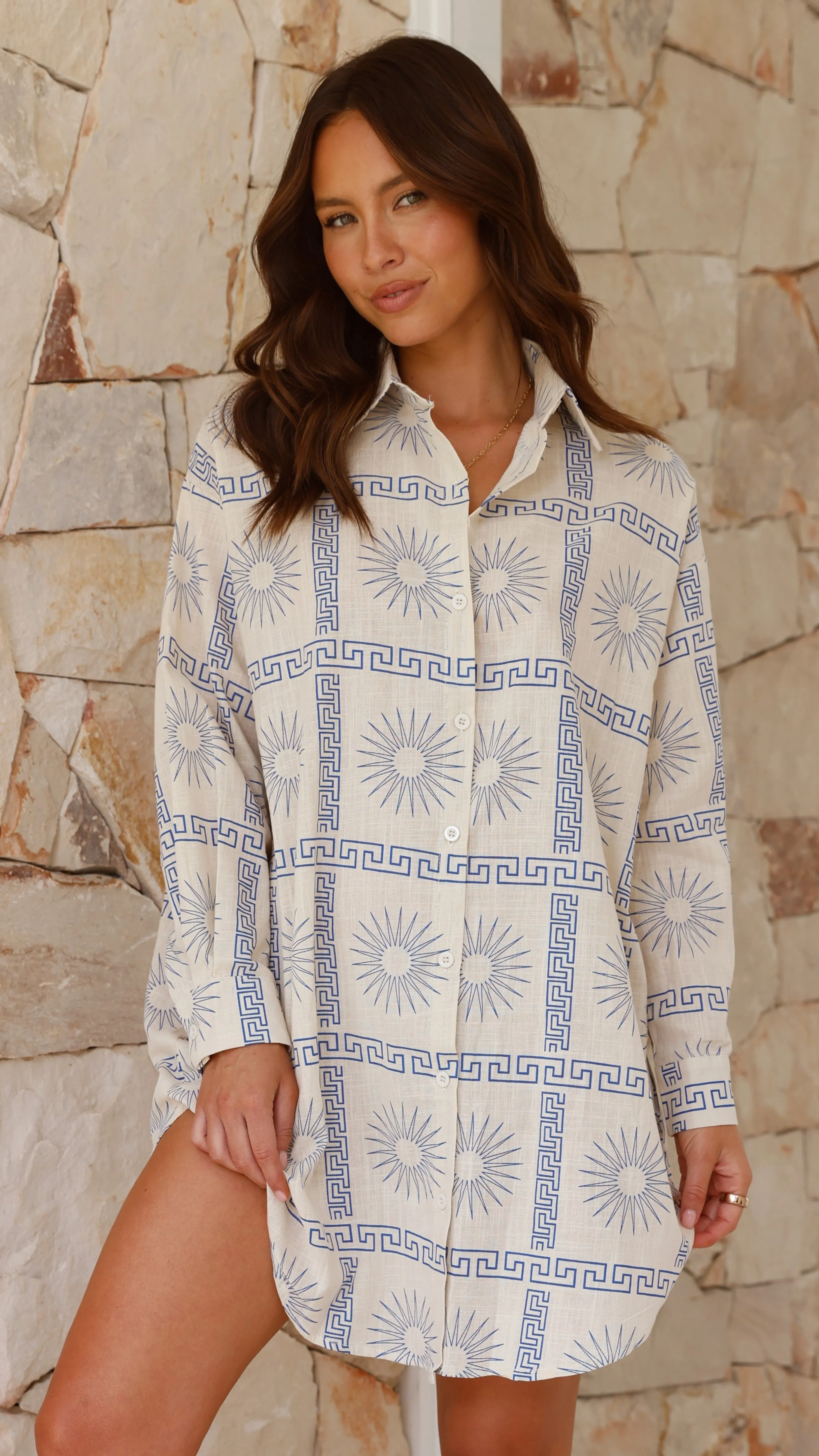 Piper Shirt Dress - Beige/Blue Print sold by Billy J