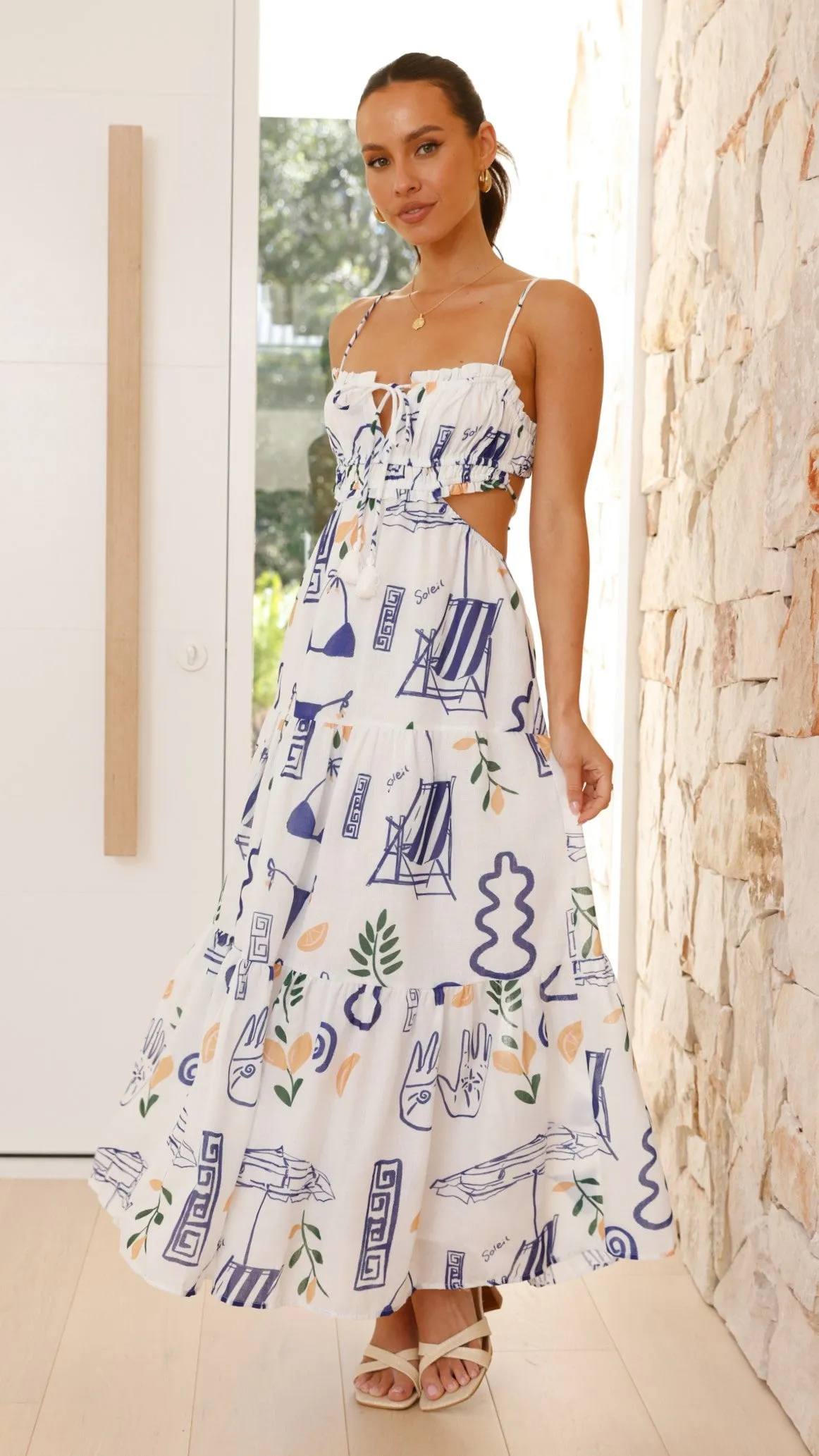 Odie Maxi Dress - White / Blue Print sold by Billy J