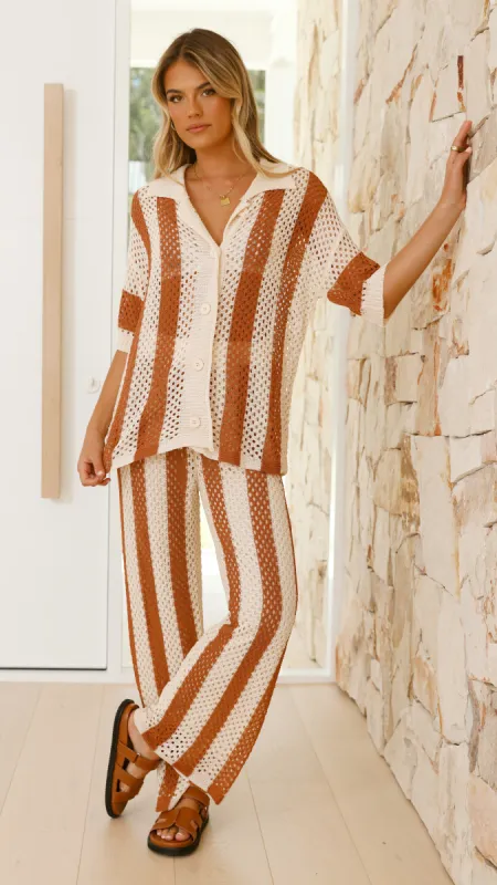 Kadri Button Up Shirt and Pants Set - Brown / Beige sold by Billy J