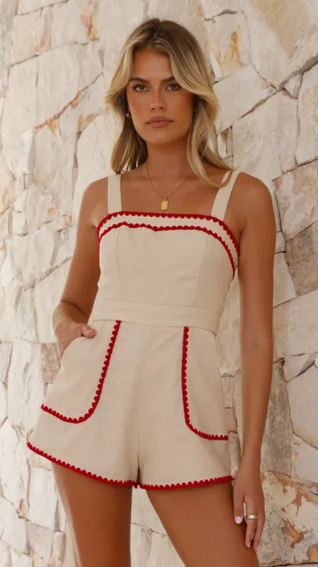 Abie Playsuit - Beige / Red Trim made by Billy J