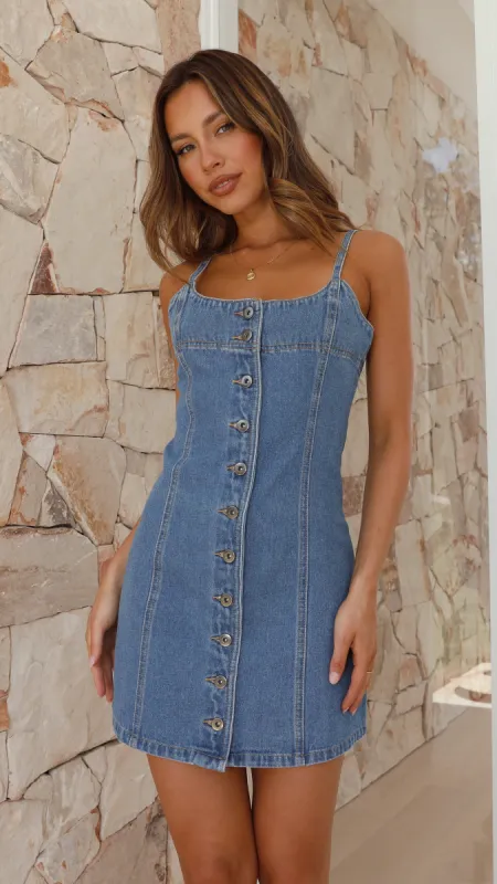 Acelynn Denim Mini Dress - Mid Wash Blue sold by Billy J