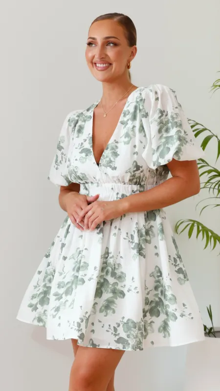 Erin Mini Dress - Green/White Floral sold by Billy J