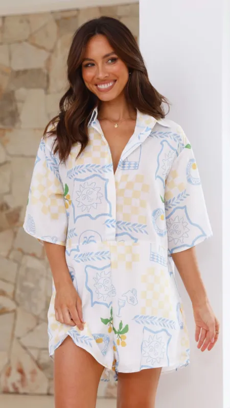 Margie Playsuit - Blue / Yellow Holiday Print sold by Billy J