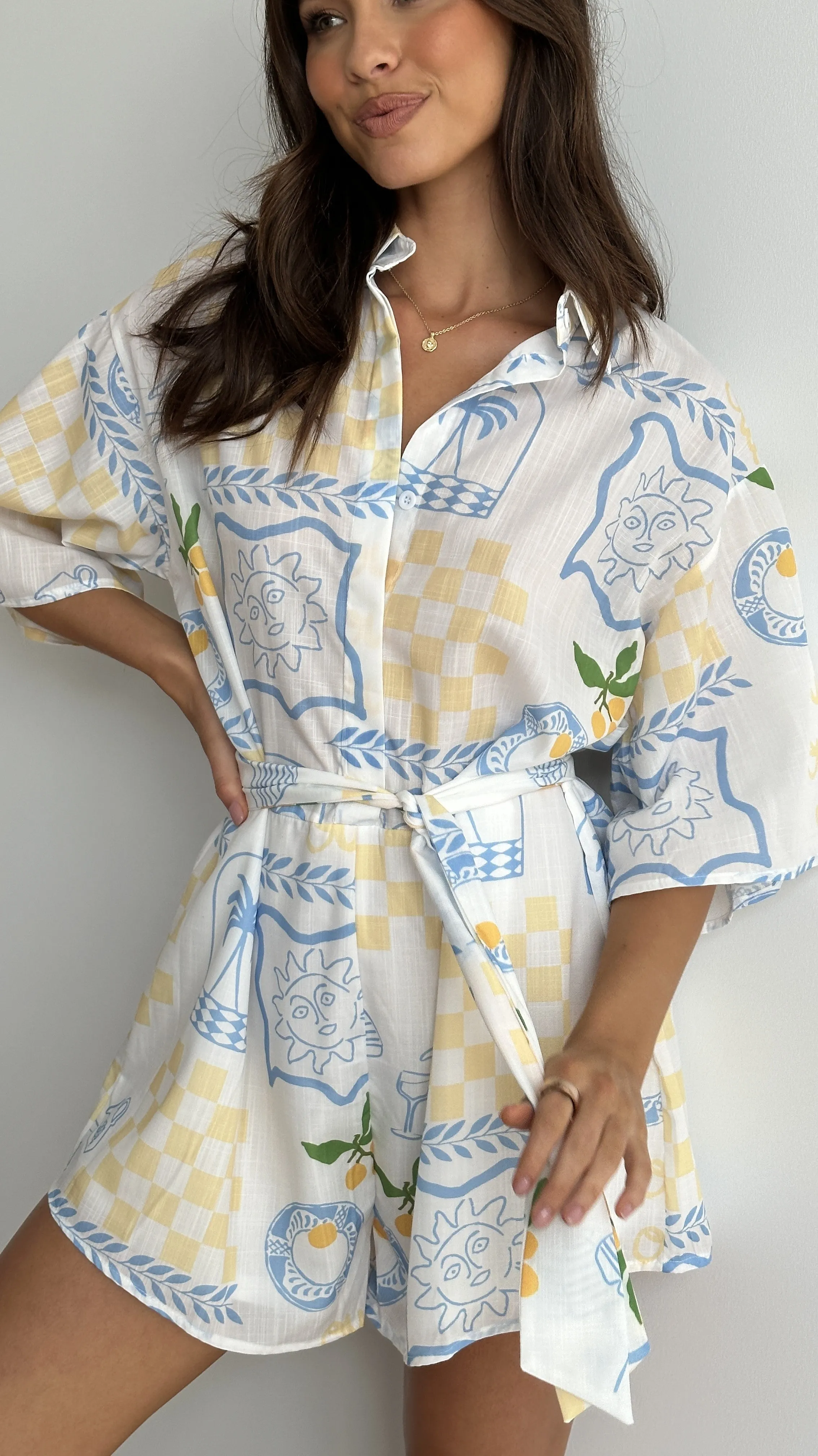 Margie Playsuit - Blue / Yellow Holiday Print sold by Billy J product image thumbnail 3