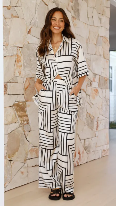 Macario Button Up Shirt and Pants Set - Beige / Black Geo Stripe sold by Billy J