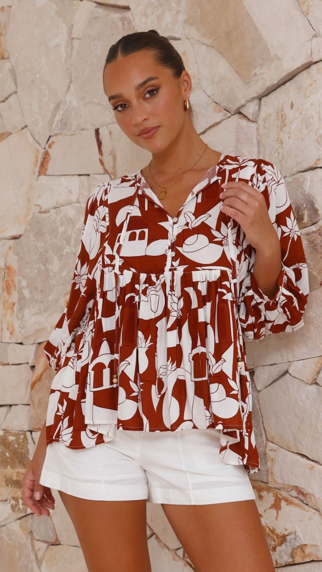 Ava Top - Brown/White Print sold by Billy J