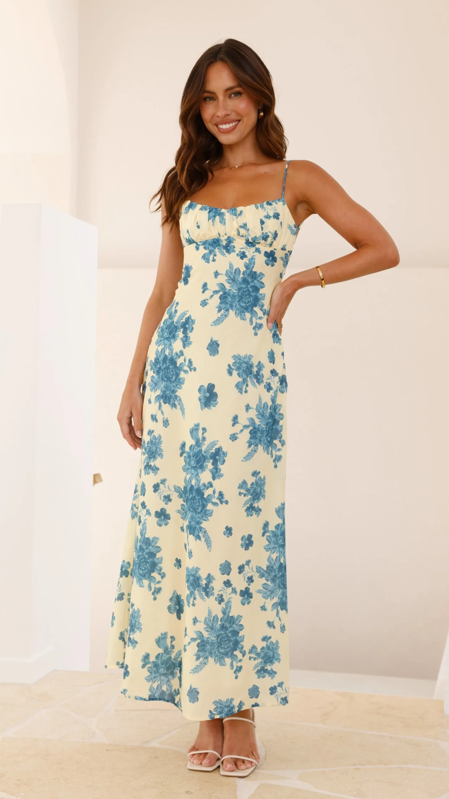 Margie Midi Dress - Yellow / Blue Floral sold by Billy J