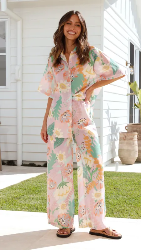 Stella Button Up Shirt and Pants Set - Pink Multi sold by Billy J