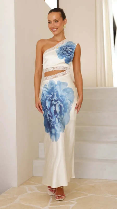 Emily One Shoulder Maxi Dress - Ivory / Blue sold by Billy J