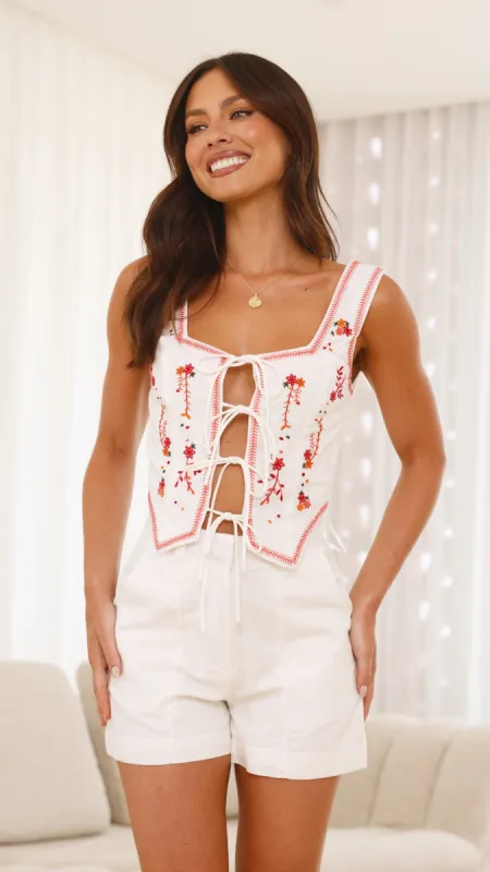 Saint Tie Front Top - White/Red sold by Billy J