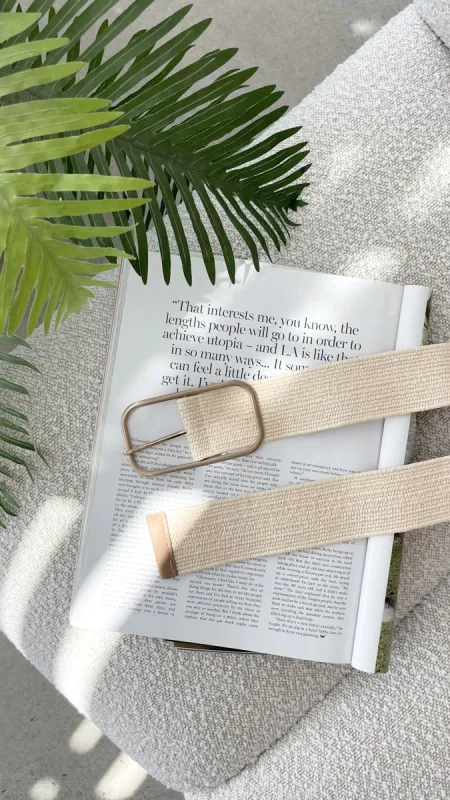 Oval Metal Buckle Stretch Belt - Natural / Gold sold by Billy J