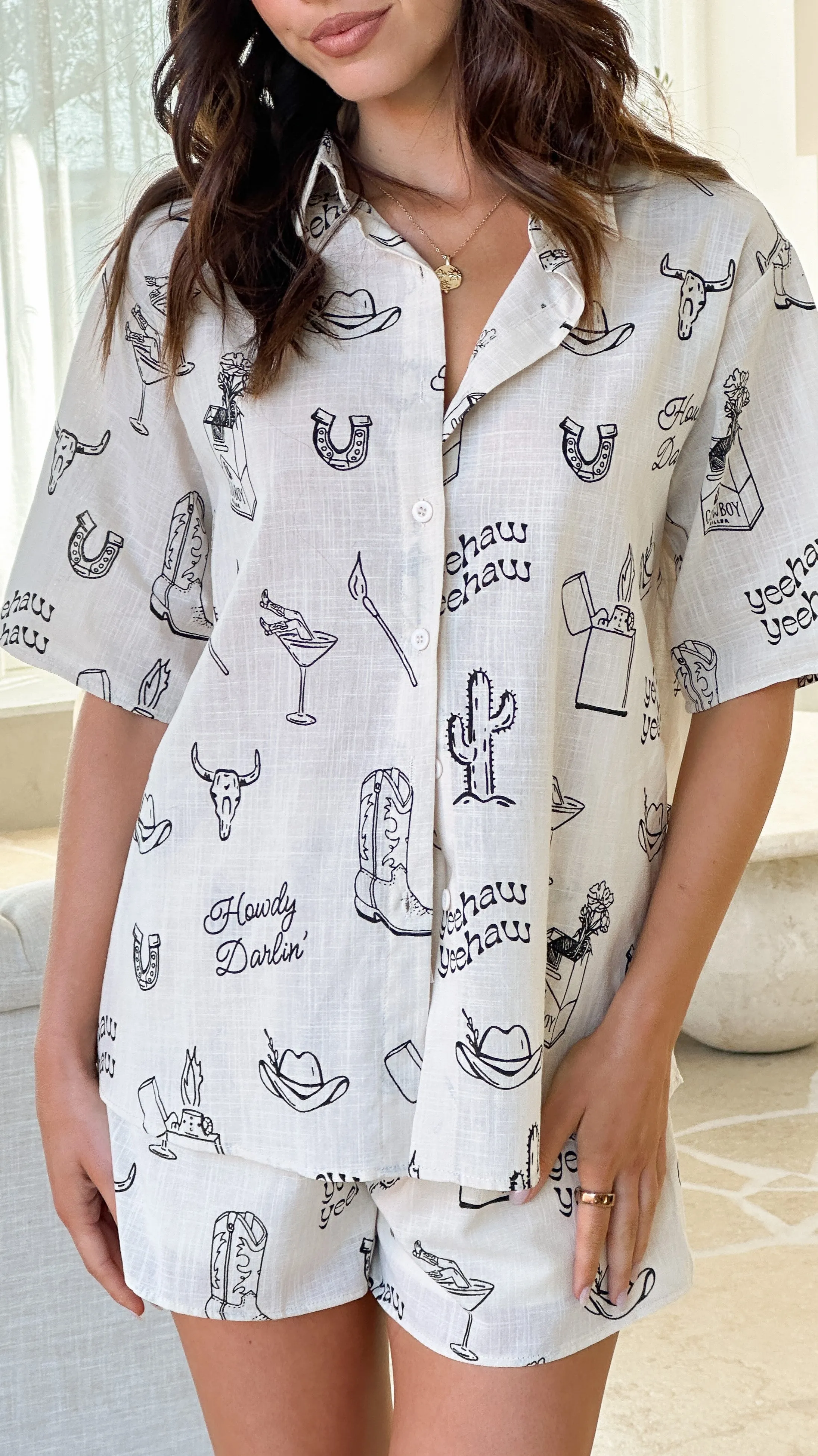 Charli Button Up Shirt and Shorts Set - Beige/Black Cowboy Print sold by Billy J