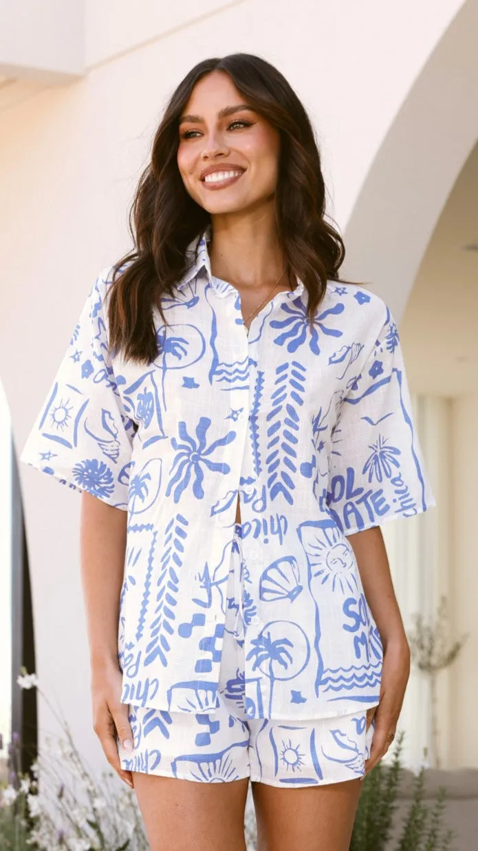 Charli Button Up Shirt and Short Set - White/Blue Santorini Print sold by Billy J