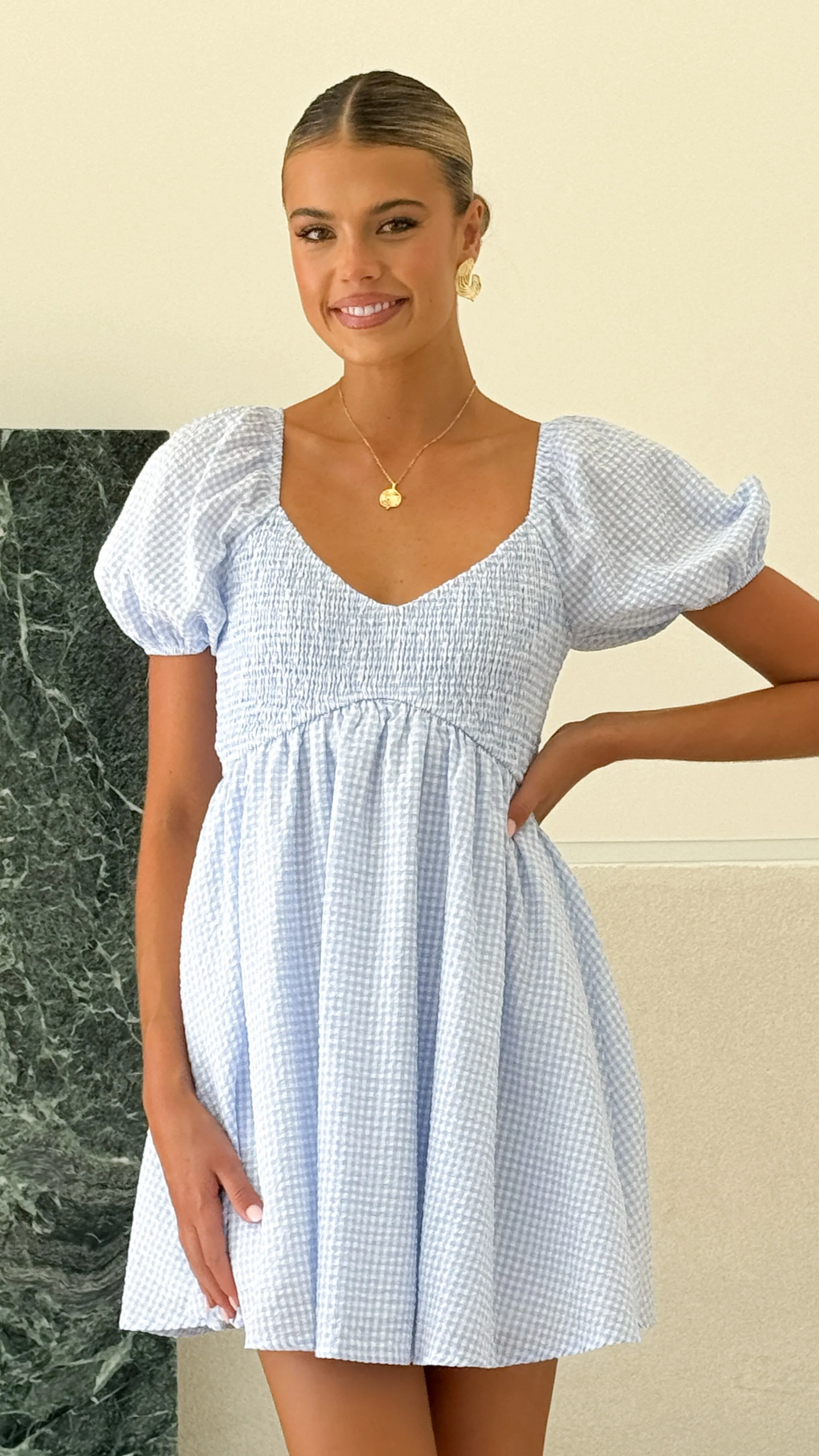 Sahirah Mini Dress - Blue / White Gingham sold by Billy J product image thumbnail 4