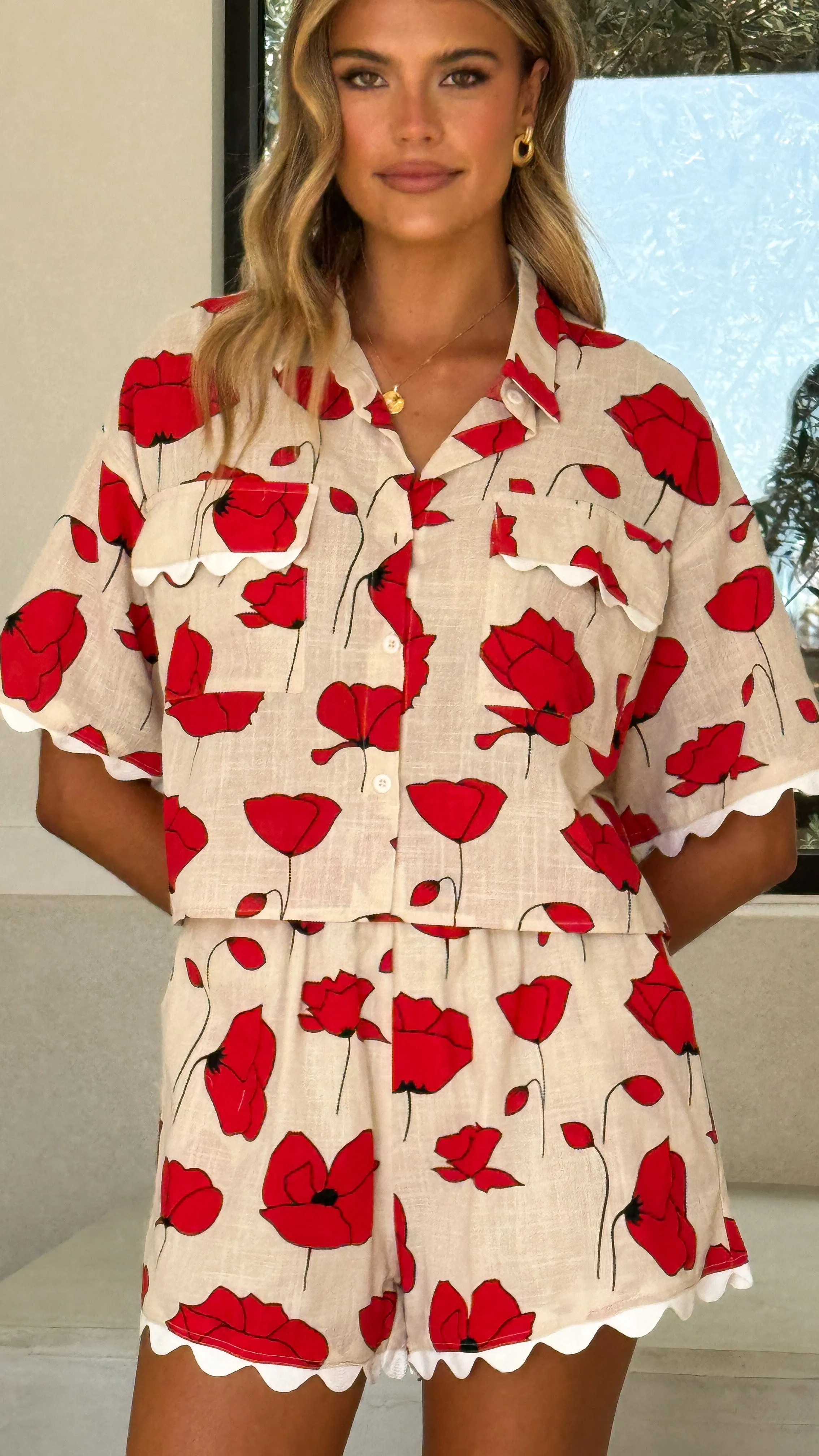 Poppy Button Up Shirt and Short Set - Red/Beige sold by Billy J product image thumbnail 4
