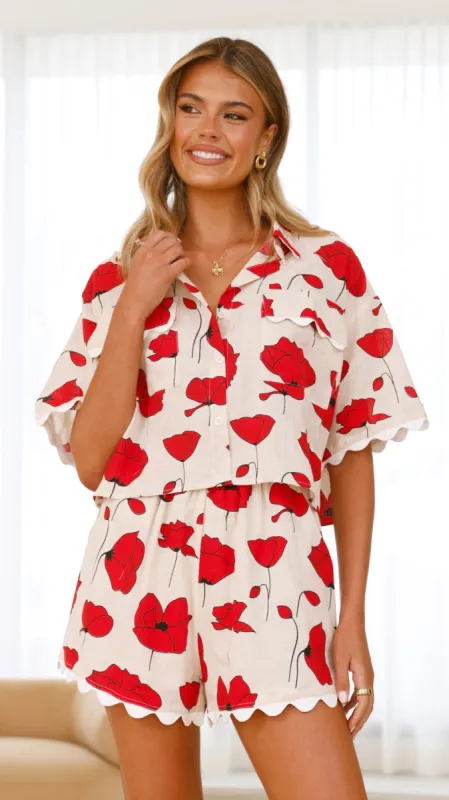Poppy Button Up Shirt and Short Set - Red/Beige sold by Billy J